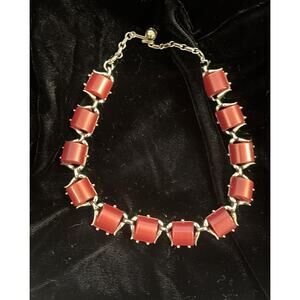 Vintage Chunky Statement Necklace Deep Coral Rust Silver Tone Adjustable 16.5”